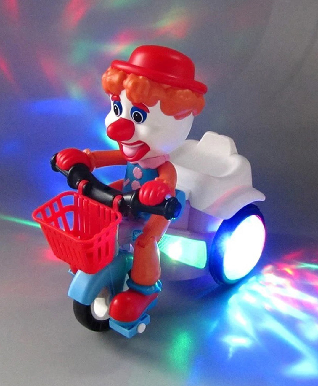 Goyal's Bump & Go Toy with Flashing Lights Music Sound Automatic Riding 360 Degree Rotation Entertainment for Kids Both Boys and Girls, Assorted Multicolor (Joker Tricycle)