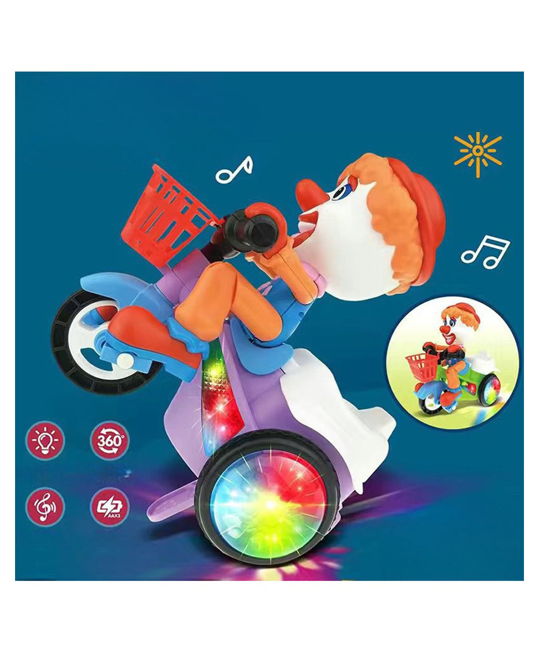 Goyal's Bump & Go Toy with Flashing Lights Music Sound Automatic Riding 360 Degree Rotation Entertainment for Kids Both Boys and Girls, Assorted Multicolor (Joker Tricycle)