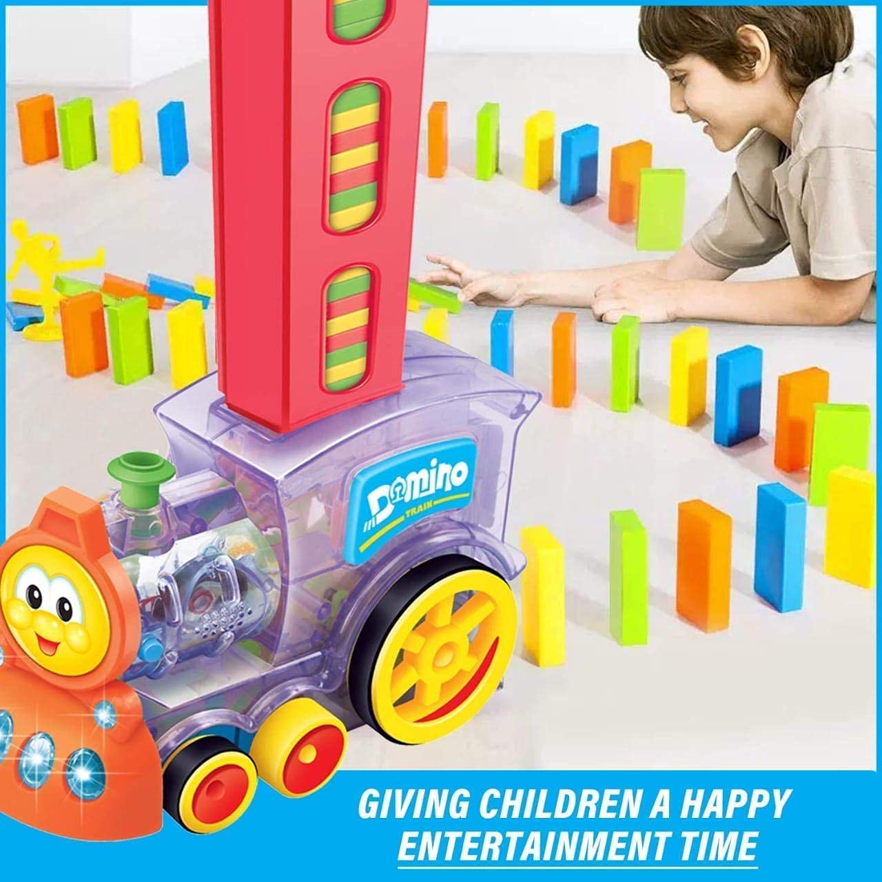 Refurbished- Goyal's Domino Train 60pcs Dominoes Blocks Toy with Music and 3D Lights, Automatic Dominos Blocks Laying Toy