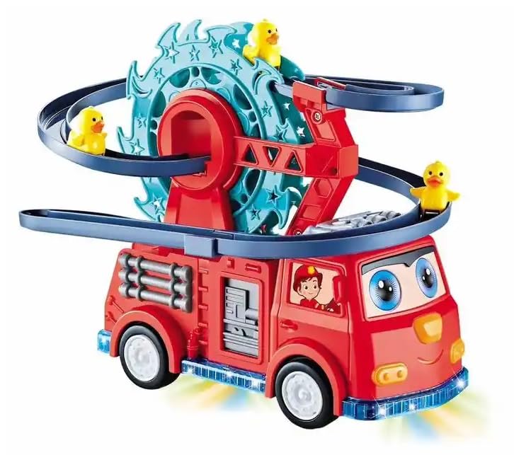 Goyal's Fire Rail Car Duck Swivel Slide, Funny Automatic Stair-Climbing Ducklings Cartoon Race Track Set Little Lovely Duck Slide Toy Escalator with Lights and Music