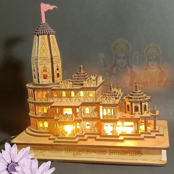 Goyal's Shri Ram Mandir Ayodhya Temple Model Authentic Design Idol with or without LED Lights for Home Temple, Office Decor & Gifts - 6 inch (With Lights)