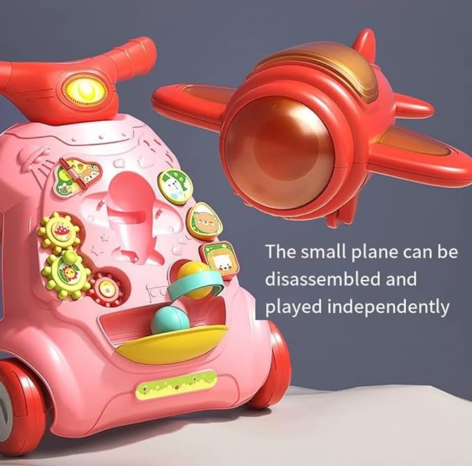 Refurbished- Goyal's Multi-Functional Sit-to-Stand Baby Learning Space Activity Walker With Music, Lights & Toys Like Detachable Aeroplane, Turning Gears, Shapes, Balls I Adjustable Speed of Wheels & Weight - Pink