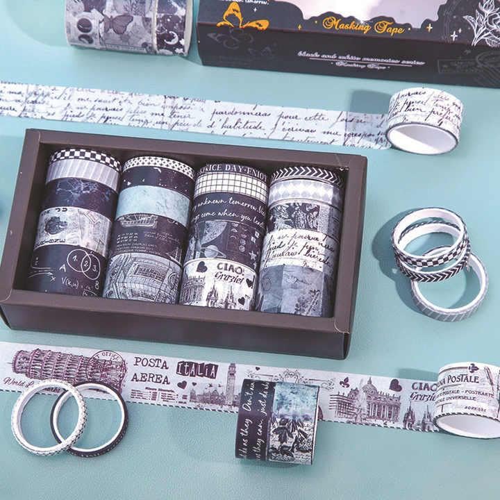 Goyal's Washi Tape Set Decorative Japanese Masking Paper Tape for Scrapbooking, Planners, Card/Gift Wrapping - 20Pcs Black & White