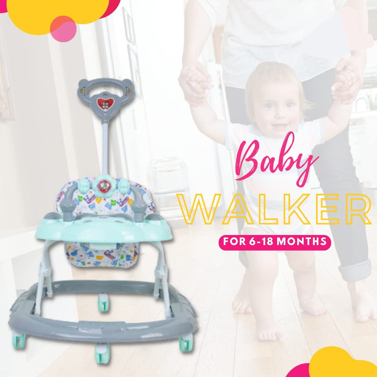 Goyal's Cartoon Baby Adjustable Walker - Music & Rattles with Parental Handle (Grey)