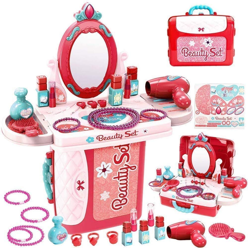 Goyal's Big Beauty Set for Kids Girls 3 in 1 Learning Educational Make Up Suitcase Kit with Makeup Accessories Pretend Play Set Portable Suitcase Toy Gift for Girls