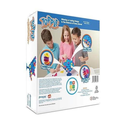 Goyal's Games Topple, Strategy Balancing and Skill Tabletop Game, Stack 5 in A Row, for Kids & Family, 2-4 Players, Ages 6 and Above