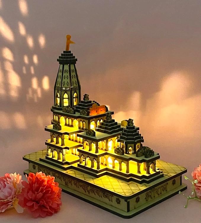 Goyal's Shri Ram Mandir Ayodhya Temple Model Authentic Design Idol with or without LED Lights for Home Temple, Office Decor & Gifts - 6 inch (With Lights)