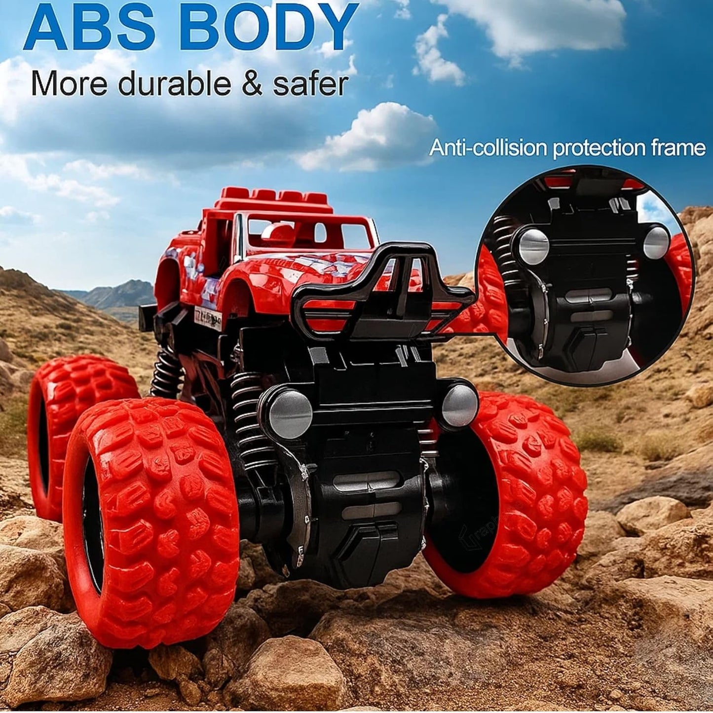 Goyal's 4WD Monster Truck Toy for Kids Friction Powered 4x4 360° Stunt All-Terrain Spin Action Push & Go Off-Road Vehicles Cars Vibrant Colour for Boy Girl (Set of 4 Pcs)