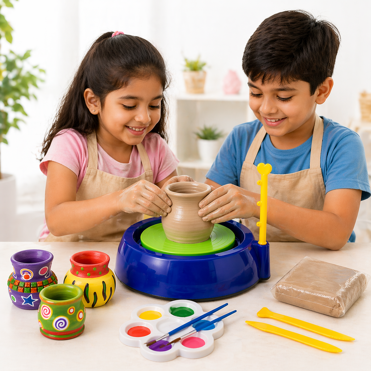 Goyal's Kids Pottery Wheel Kit | Battery Operated Pottery Making & Painting Set with 800g Clay, Sculpting Tools, Acrylic Paints & Brushes | DIY Art & Craft Kit for Beginners