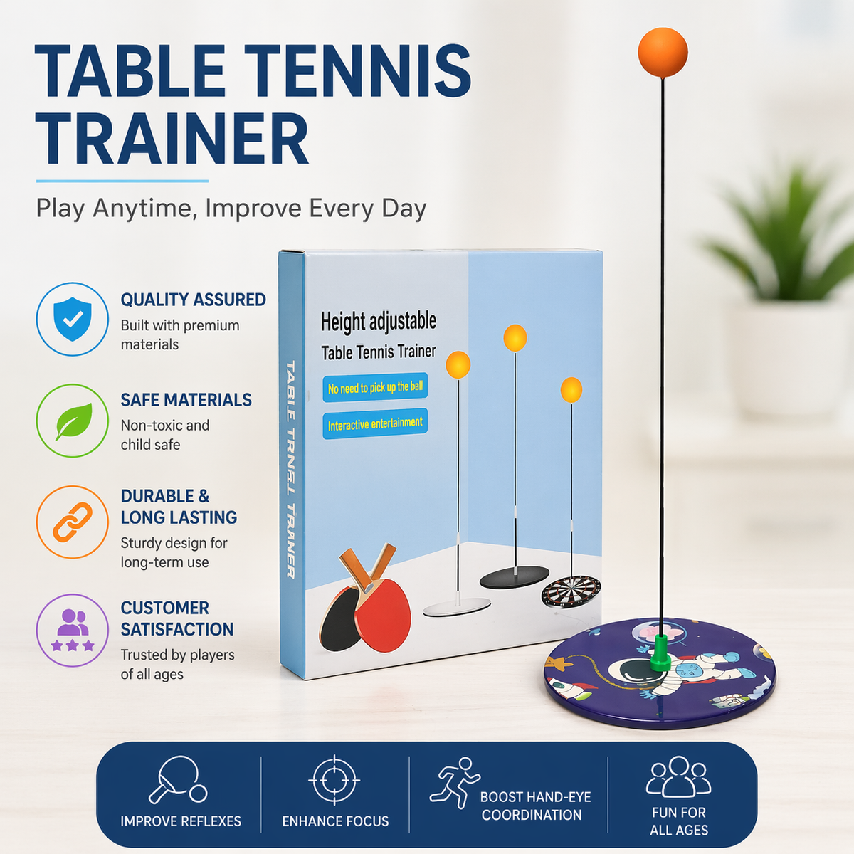 Goyal's Rebound Table Tennis Trainer Set | Self-Training Ping Pong Practice Game with Elastic Rebound Ball, Training Stand & 2 Wooden Rackets | Indoor & Outdoor Sports Toy for Kids & Family