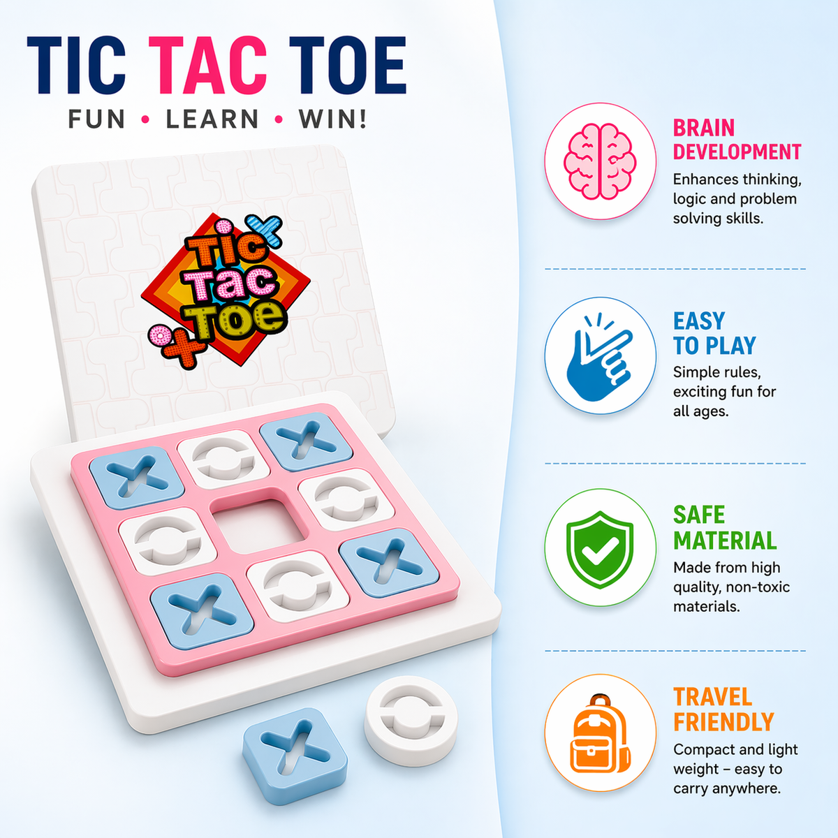 Goyal's Tic Tac Toe Game for Kids | Portable Travel Board Game with X & O Pieces | Classic Strategy Game for Home, Road Trips & Family Play | Ages 3+