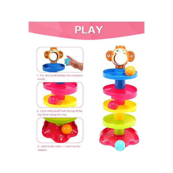 Goyal’s Monkey Roll Ball Drop Toy For Babies & Toddlers, Heavy Plastic 5 Layer Tower Run with Swirling Ramps and 3 Rattle Balls