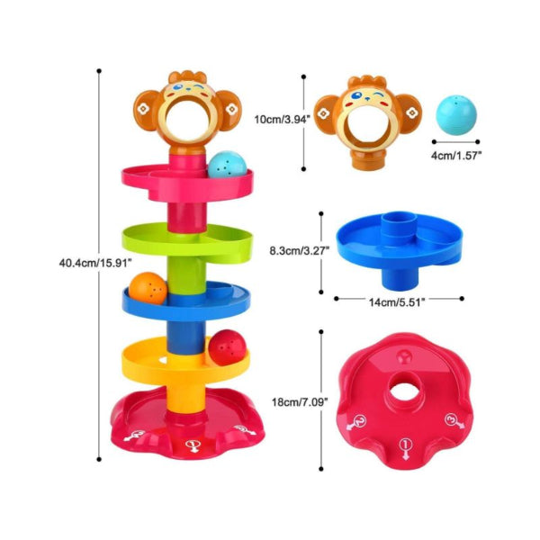 Goyal’s Monkey Roll Ball Drop Toy For Babies & Toddlers, Heavy Plastic 5 Layer Tower Run with Swirling Ramps and 3 Rattle Balls