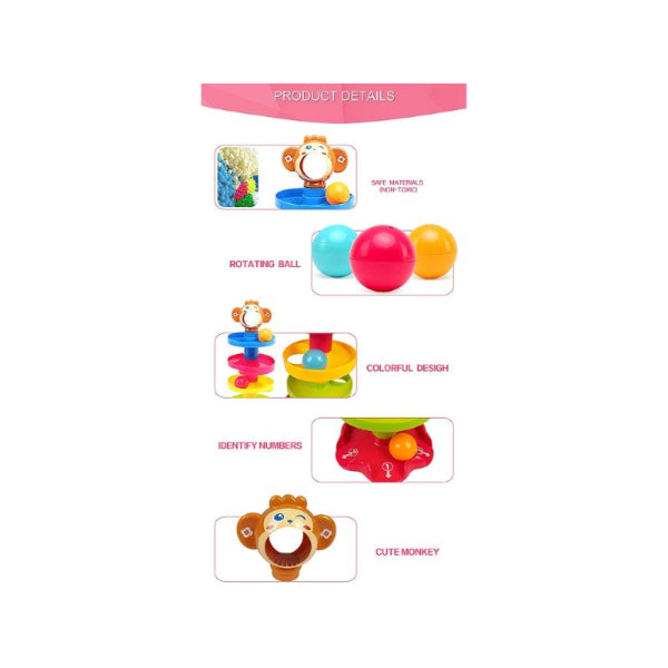 Goyal’s Monkey Roll Ball Drop Toy For Babies & Toddlers, Heavy Plastic 5 Layer Tower Run with Swirling Ramps and 3 Rattle Balls
