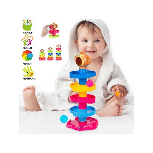 Goyal’s Monkey Roll Ball Drop Toy For Babies & Toddlers, Heavy Plastic 5 Layer Tower Run with Swirling Ramps and 3 Rattle Balls