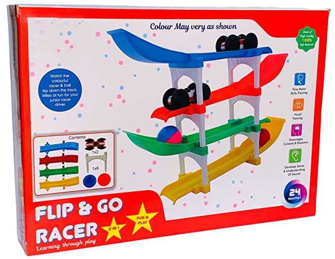 Goyal's Rolling & Flipping Race Car Ramp Toy for Toddler Vehicle Set with 2 Mini Racer Cars + 2 Rattle Balls Fine Motor Skill Montessori Building Learning Toys