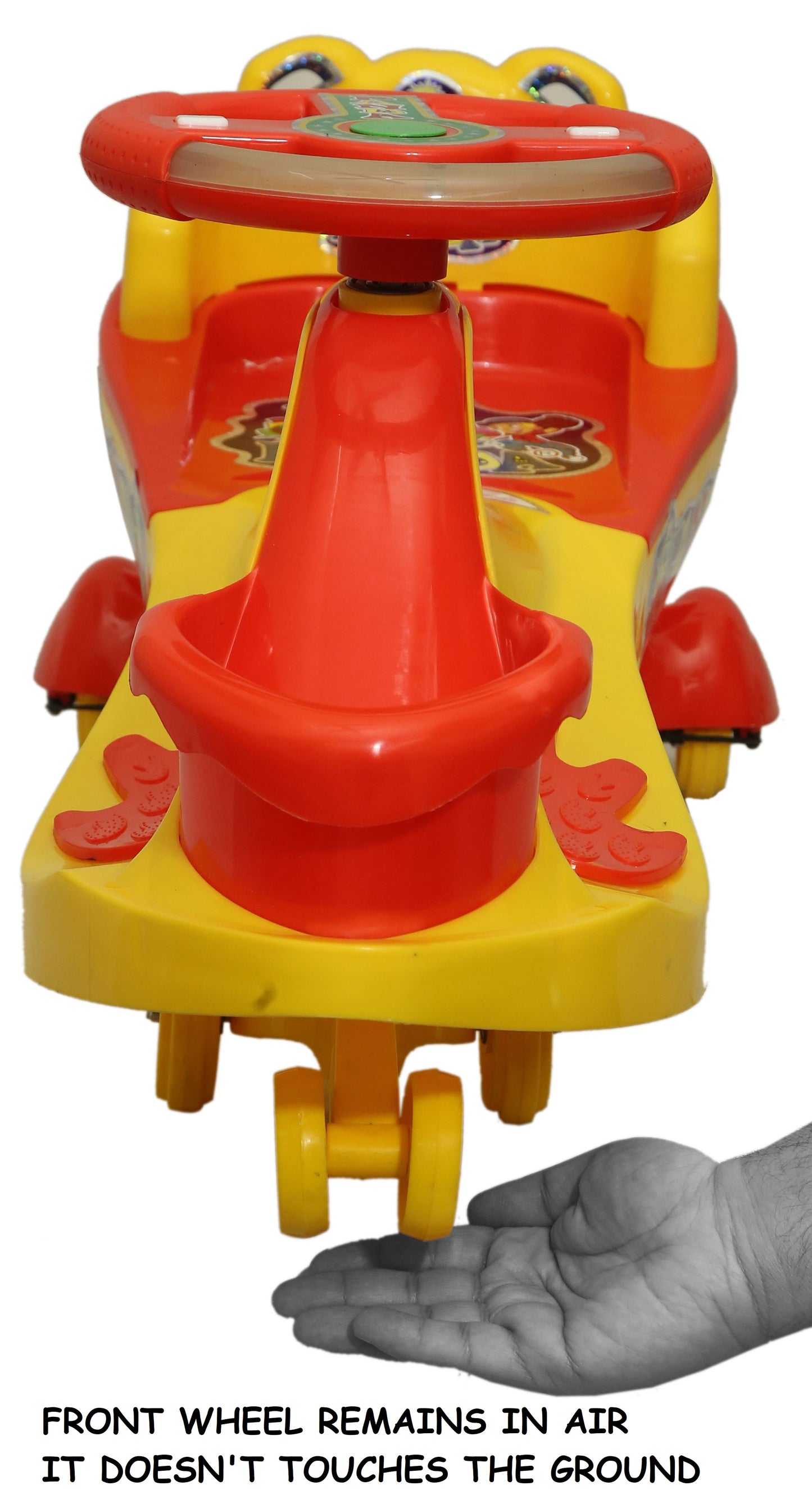 Goyal's Basket & Back Support Multi Designs Musical Free Wheel Swing and Twist Magic Car - Yellow