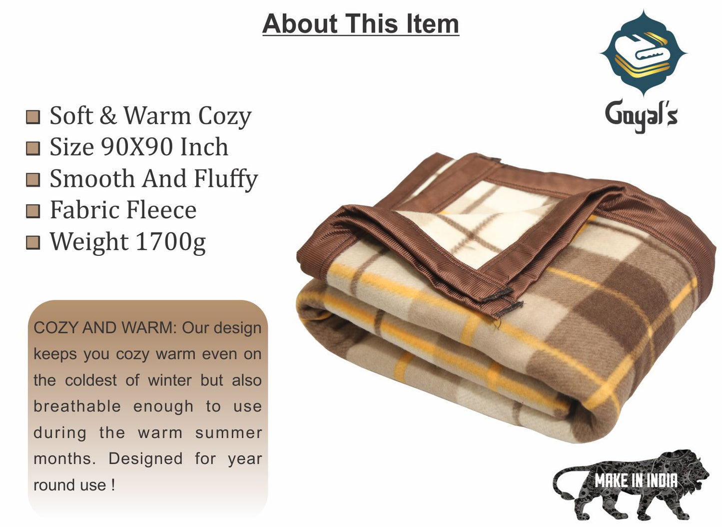 Goyal's Checker Polar Fleece All Season Blanket Double Bed With Satan Border, 90x90 Inches - Brown (1.8Kg)