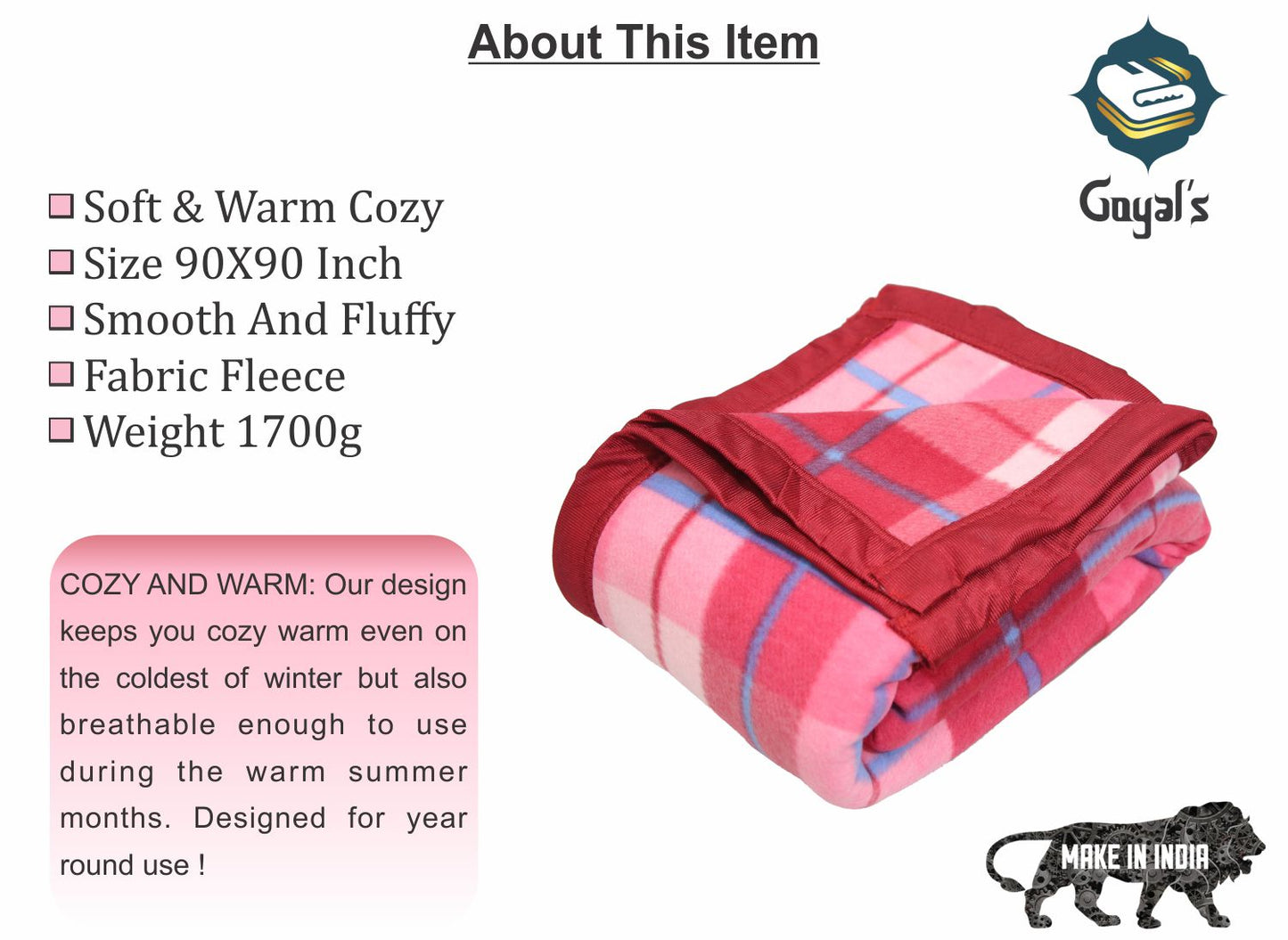 Goyal's Checker Polar Fleece All Season Blanket Single Bed With Satan Border, 60x90 Inches - Pink (1.2Kg)