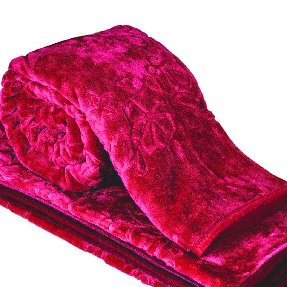 Goyal's Polyester Embossed Floral Printed 500TC Double Bed Mink Blanket 87 X 85 Inch - Pink, reversible