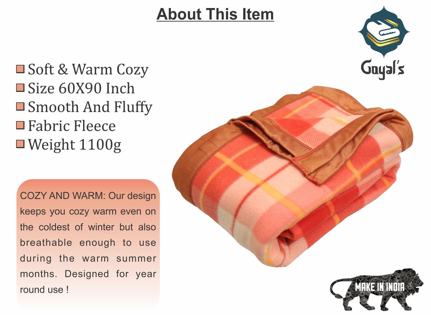 Goyal's Checker Polar Fleece All Season Blanket Single Bed With Satan Border, 60x90 Inches - Rust Orange (1.2Kg)