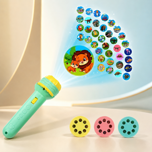 Goyal's 3-Slide Projector Flashlight Torch for Kids | 24 Picture Patterns with ABC Alphabets, Animals & Fruits | Educational Image Projector & Night Flashlight | Random Colour