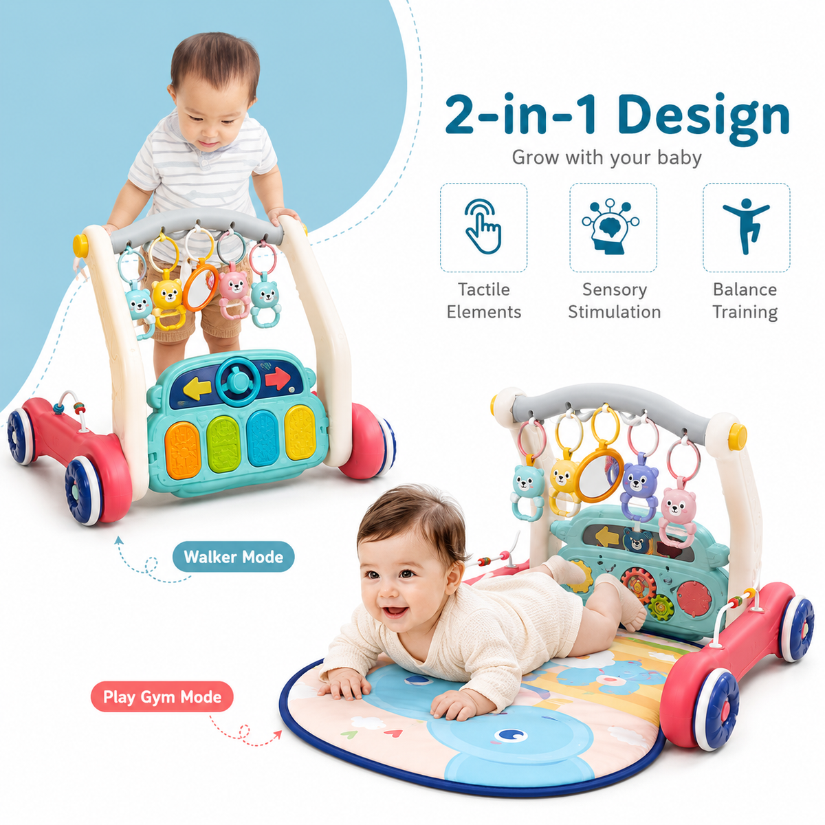 Goyal's 2-in-1 Musical Baby Play Gym & Push Walker | Activity Mat with Play Piano, Lights, Hanging Rattles & Tummy Time Mat | Convertible Baby Activity Centre | Multicolour