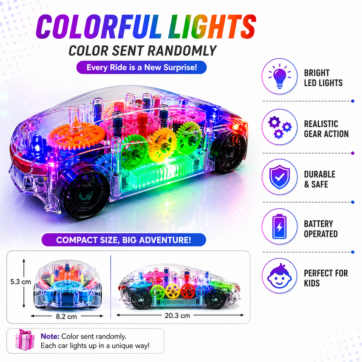 Goyal's Transparent Gear Vehicle Toy | 360° Rotating Multicolour Gear Toy with Lights & Music | Interactive 3D Concept Toy for Kids | Battery Operated