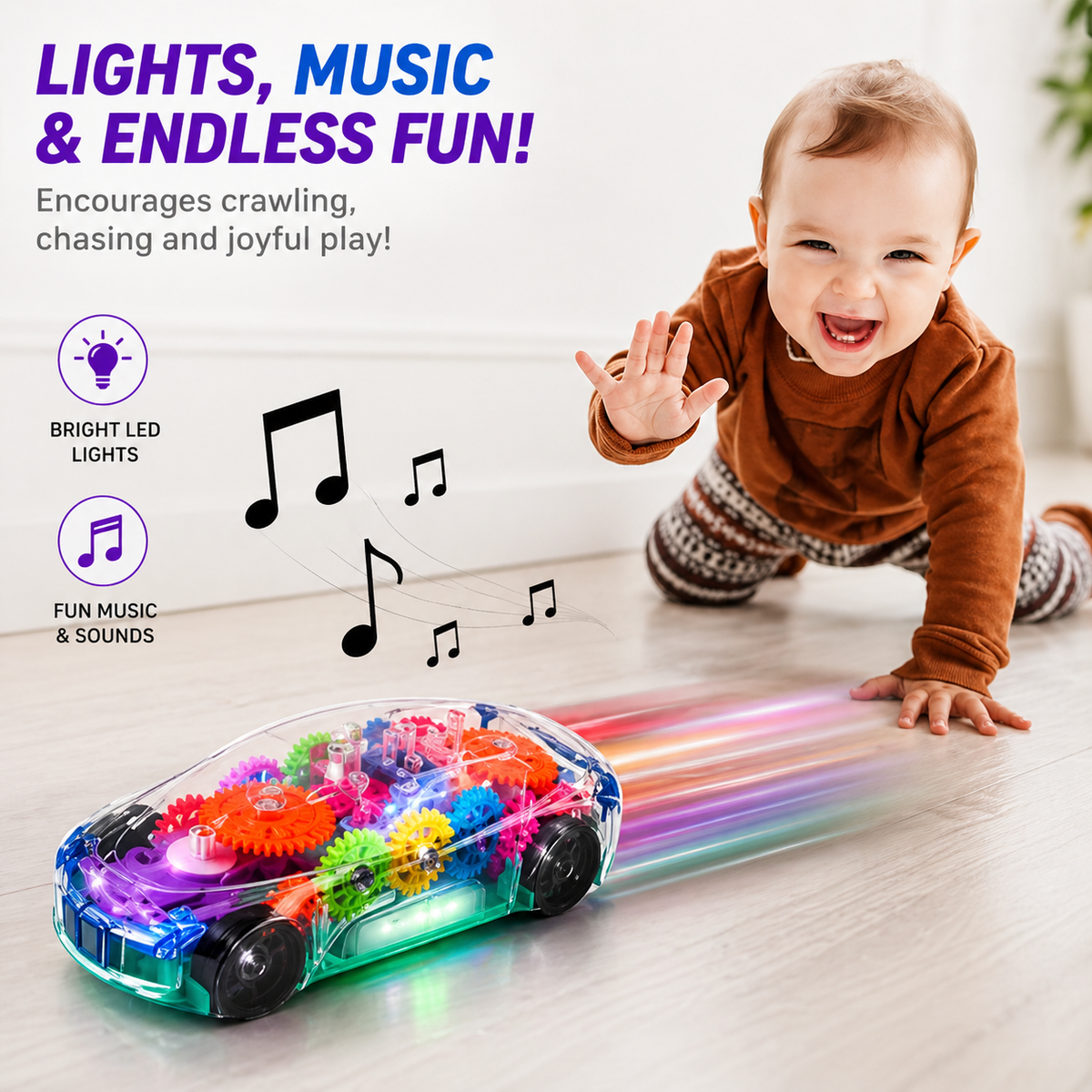 Goyal's Transparent Gear Vehicle Toy | 360° Rotating Multicolour Gear Toy with Lights & Music | Interactive 3D Concept Toy for Kids | Battery Operated