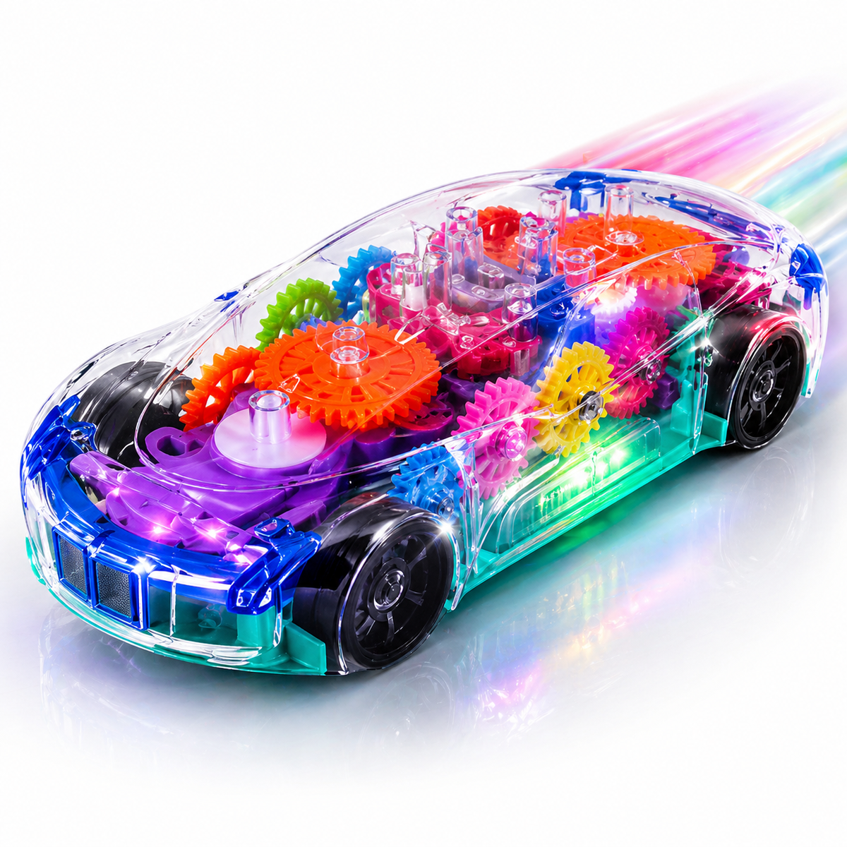 Goyal's Transparent Gear Vehicle Toy | 360° Rotating Multicolour Gear Toy with Lights & Music | Interactive 3D Concept Toy for Kids | Battery Operated
