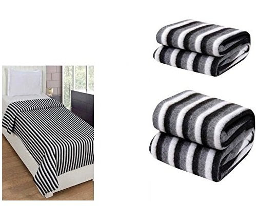 Goyal's Polar Fleece Single Bed Stripes Design AC Blanket Pack of 2 - (Black & White)