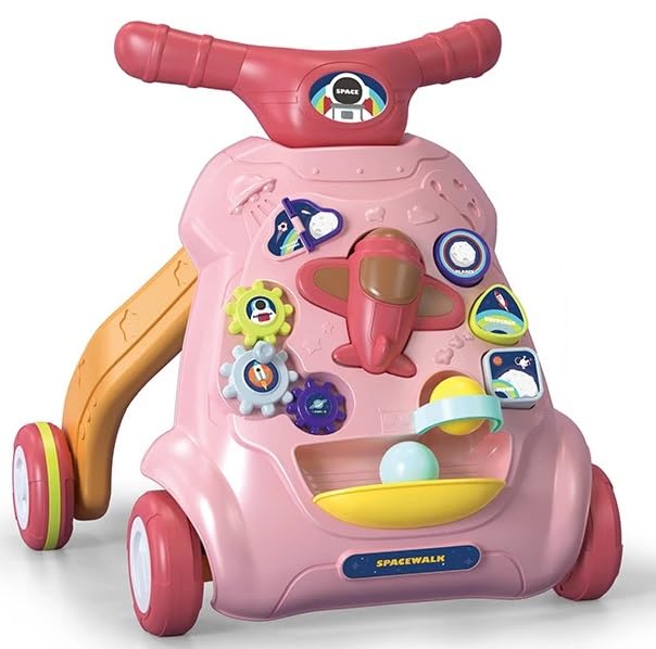 Refurbished-   Goyal's Multi-Functional Sit-to-Stand Baby Learning Space Activity Walker With Music, Lights & Toys Like Detachable Aeroplane, Turning Gears, Shapes, Balls I Adjustable Speed of Wheels & Weight - Pink