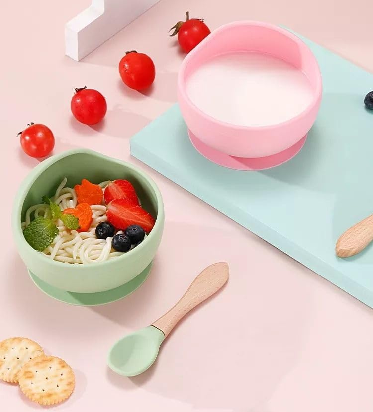 Goyal's Baby Feeding Bowl & Spoon Weaning Set, Food Grade Silicone Suction Cup Bowl & Wooden Spoon with Stay Put Silicone Suction Bowl, Gift for Toddler Children Girls Boys (Grey)