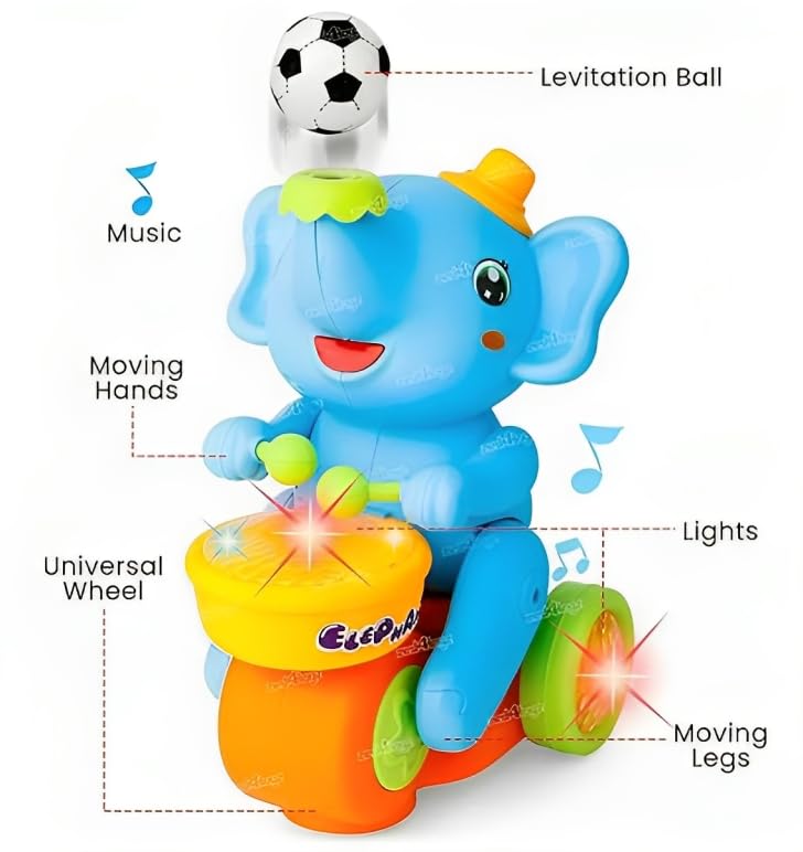 Goyal's Elephant Musician Toy, (Yellow) with Levitation Ball on Nose Along with Dazzling Light Drum Sound Music and Elephant Sound for Baby Toys