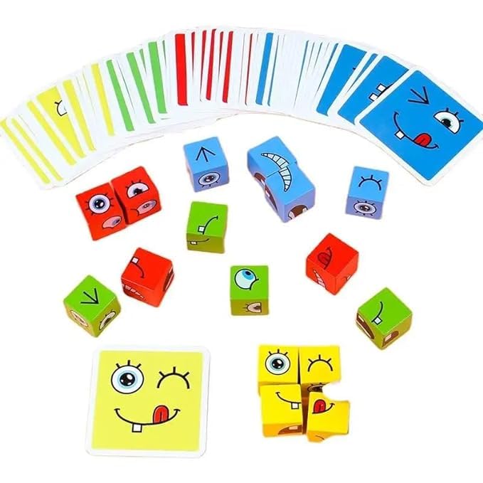 Goyal's Wooden Emoji Cube face Game with Bell for Kids | Cute Face Changing Cube with 16 Cube Parent-Child Board Games | Preschool Educational Learning Toy