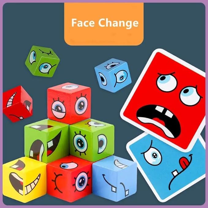 Goyal's Wooden Emoji Cube face Game with Bell for Kids | Cute Face Changing Cube with 16 Cube Parent-Child Board Games | Preschool Educational Learning Toy