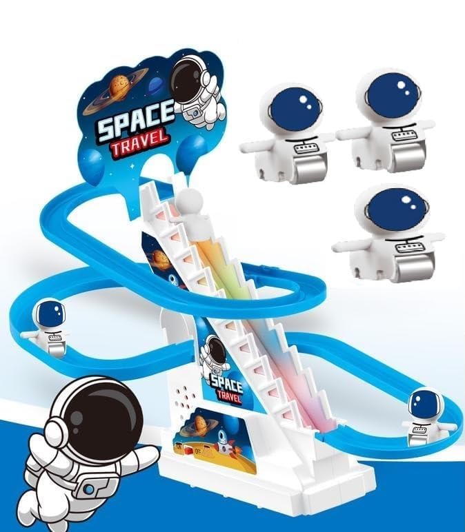 Goyal's Astronaut Space Slide Track Racing Toys for Kids - Small Space Cartoon Stair Climbing Toys for Kids, Escalator Toy with Lights and Music - 3 Space Cartoon Toy Included