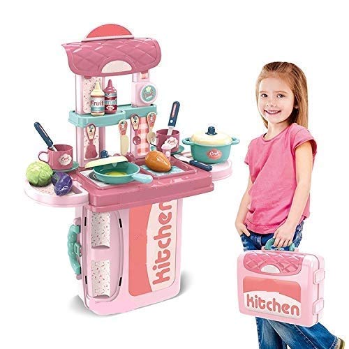 Goyal's 3 in 1 Portable Pretend Food Party Role Cooking Kitchen Play Set Toy for Boys and Girls - Pink