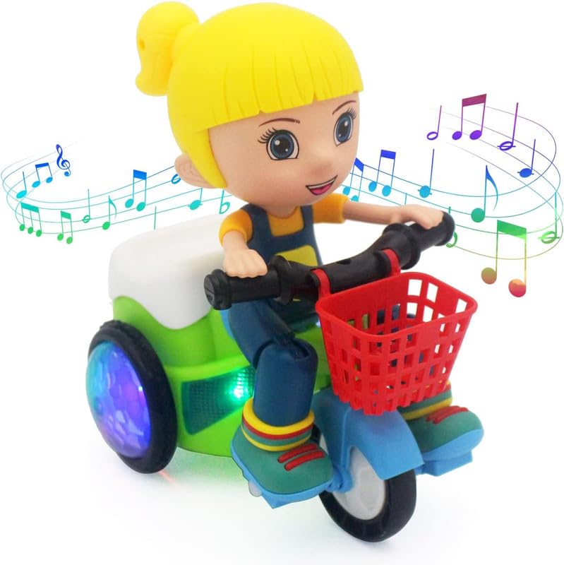 Goyal's Bump & Go Girl Toy with Flashing Lights Music Sound Automatic Riding 360° Rotation Entertainment for Kids Both Boys and Girls, Assorted Multicolor (Stunt Bicycle Girl)