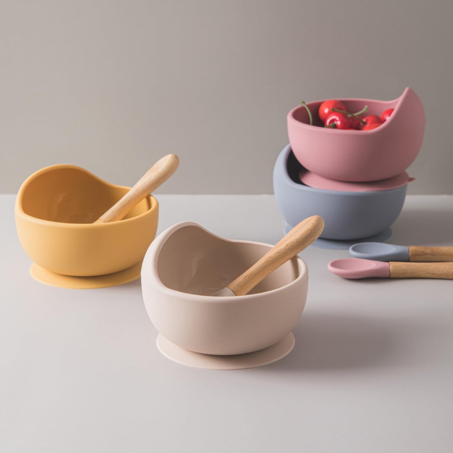 Goyal's Baby Feeding Bowl & Spoon Weaning Set, Food Grade Silicone Suction Cup Bowl & Wooden Spoon with Stay Put Silicone Suction Bowl, Gift for Toddler Children Girls Boys (Grey)