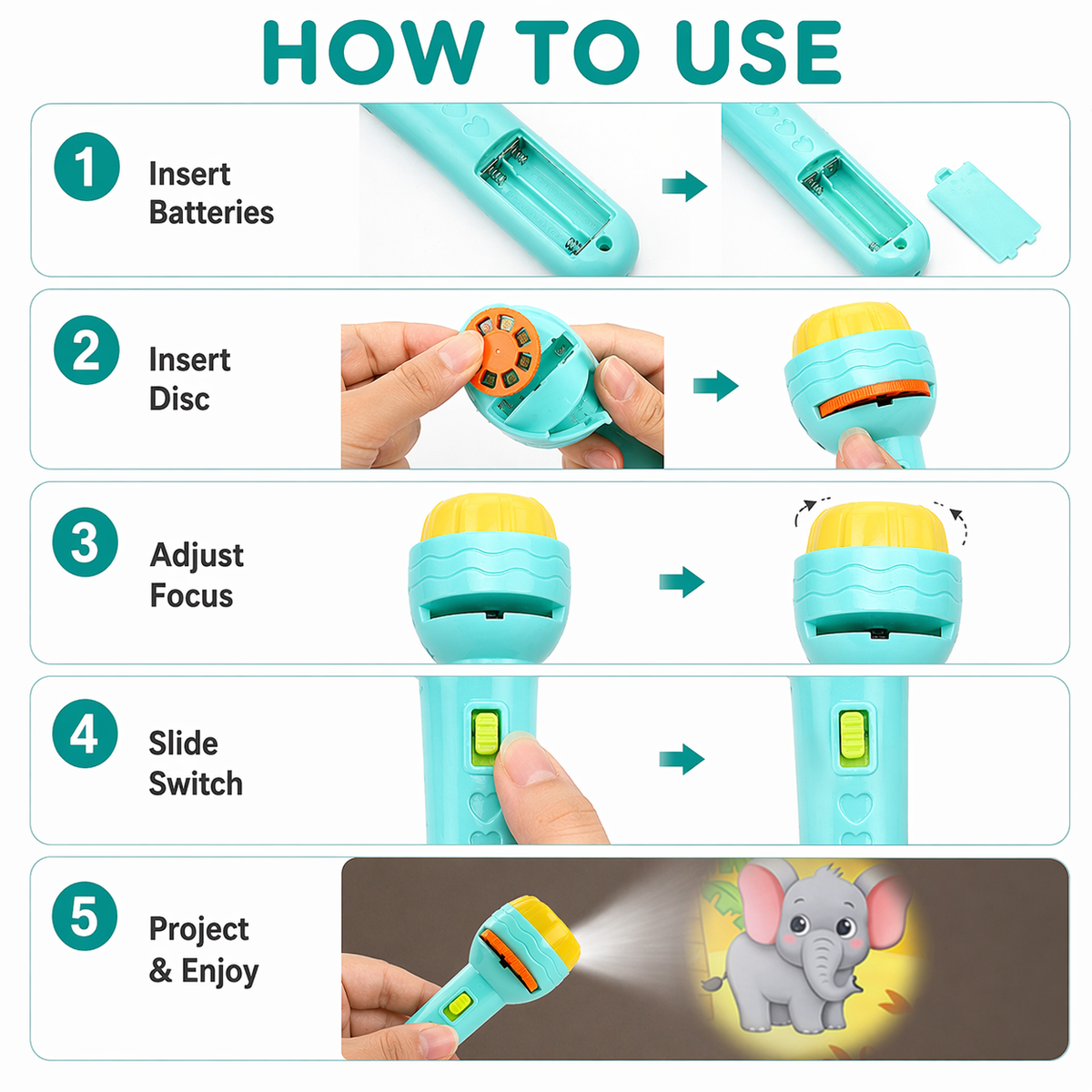 Goyal's 3-Slide Projector Flashlight Torch for Kids | 24 Picture Patterns with ABC Alphabets, Animals & Fruits | Educational Image Projector & Night Flashlight | Random Colour