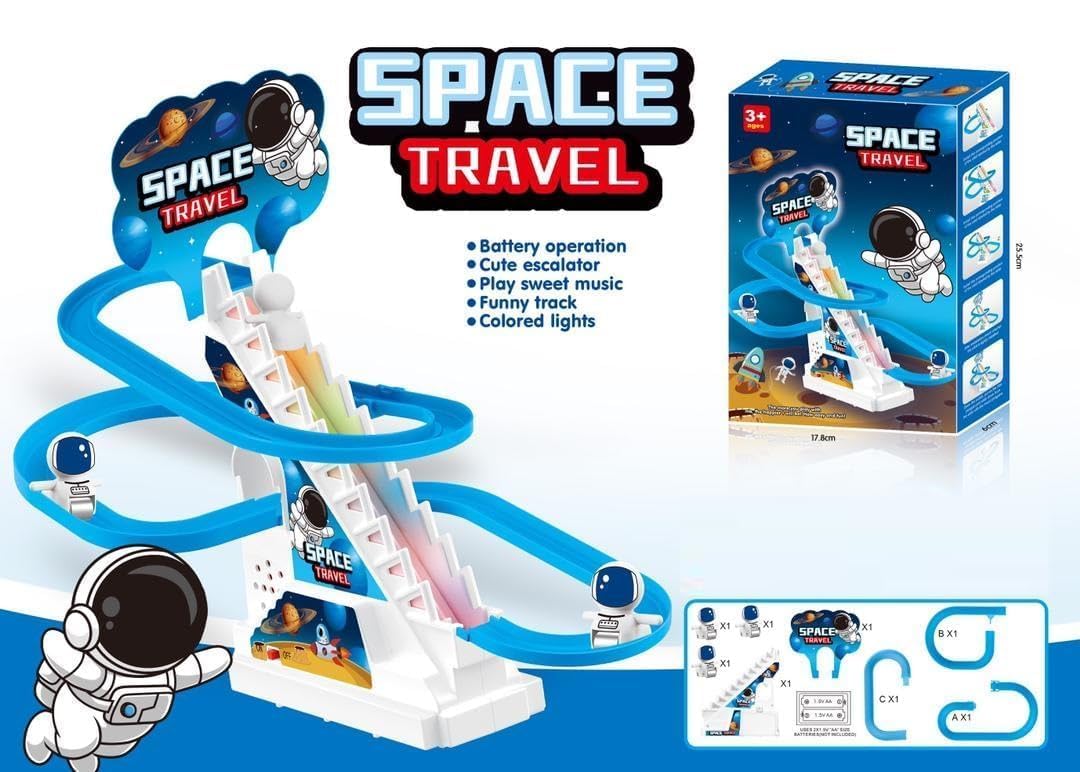 Goyal's Astronaut Space Slide Track Racing Toys for Kids - Small Space Cartoon Stair Climbing Toys for Kids, Escalator Toy with Lights and Music - 3 Space Cartoon Toy Included