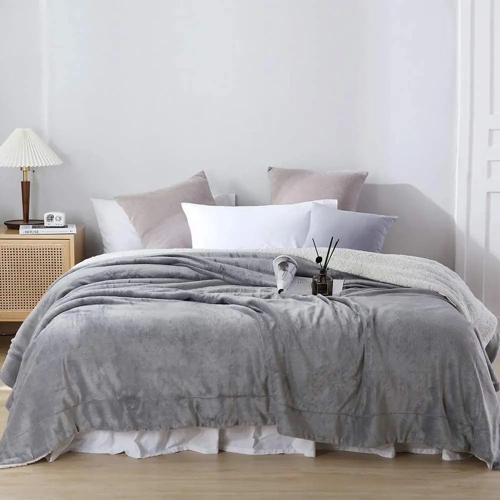 Goyal’s Ultra Soft Flannel Sherpa Blanket for Winter | Single Bed Reversible Plush Blanket 55 x 90 Inches | Thick, Warm & Cozy Dual Layer Microfibre Throw | Fade & Wrinkle Resistant - Silver Grey