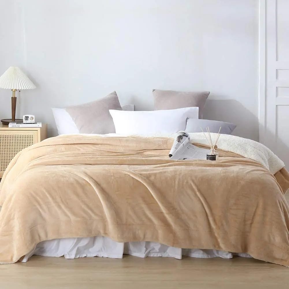 Goyal’s Ultra Soft Flannel Sherpa Blanket for Winter | Single Bed Reversible Plush Blanket 55 x 90 Inches | Thick, Warm & Cozy Dual Layer Microfibre Throw | Fade & Wrinkle Resistant - Golden Beige