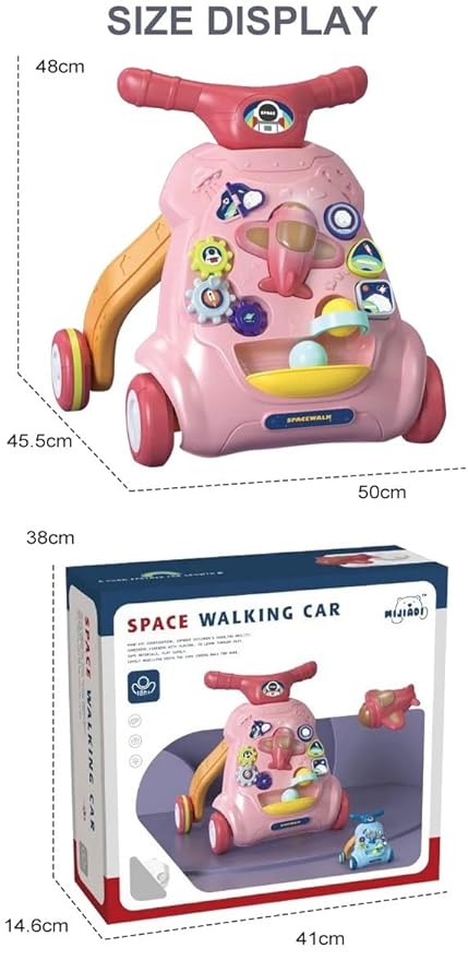 Refurbished-   Goyal's Multi-Functional Sit-to-Stand Baby Learning Space Activity Walker With Music, Lights & Toys Like Detachable Aeroplane, Turning Gears, Shapes, Balls I Adjustable Speed of Wheels & Weight - Pink