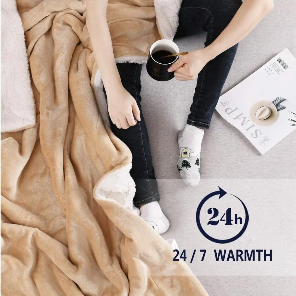 Goyal’s Ultra Soft Flannel Sherpa Blanket for Winter | Single Bed Reversible Plush Blanket 55 x 90 Inches | Thick, Warm & Cozy Dual Layer Microfibre Throw | Fade & Wrinkle Resistant - Golden Beige