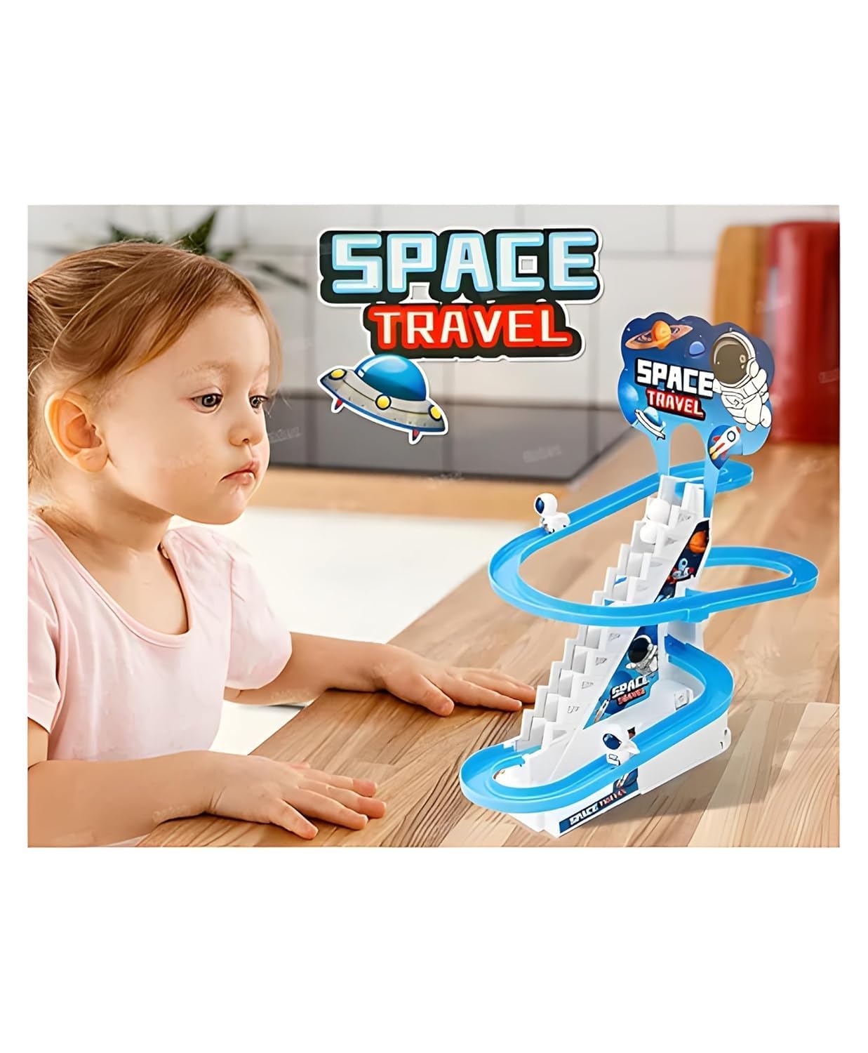 Goyal's Astronaut Space Slide Track Racing Toys for Kids - Small Space Cartoon Stair Climbing Toys for Kids, Escalator Toy with Lights and Music - 3 Space Cartoon Toy Included