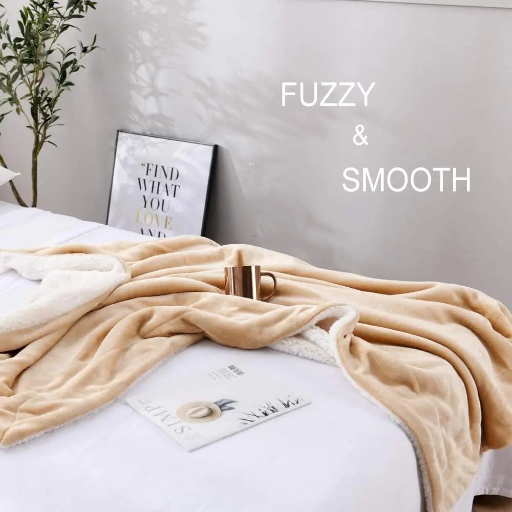 Goyal’s Ultra Soft Flannel Sherpa Blanket for Winter | Single Bed Reversible Plush Blanket 55 x 90 Inches | Thick, Warm & Cozy Dual Layer Microfibre Throw | Fade & Wrinkle Resistant - Golden Beige