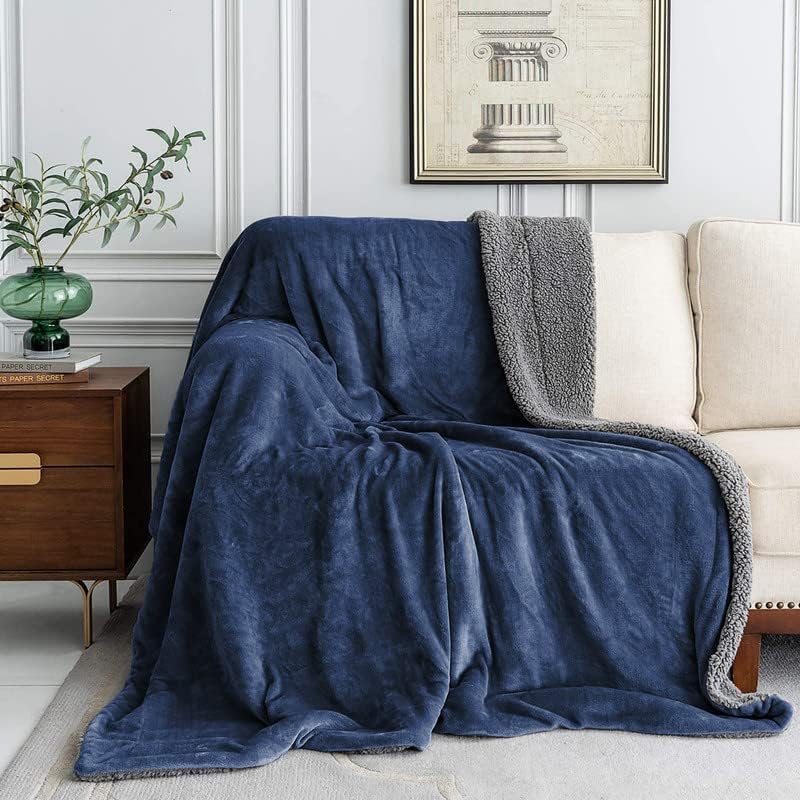 Goyal’s Ultra Soft Flannel Sherpa Blanket for Winter | Single Bed Reversible Plush Blanket 55 x 90 Inches | Thick, Warm & Cozy Dual Layer Microfibre Throw | Fade & Wrinkle Resistant - Navy Blue