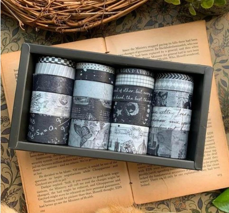 Goyal's Washi Tape Set Decorative Japanese Masking Paper Tape for Scrapbooking, Planners, Card/Gift Wrapping - 20Pcs Black & White